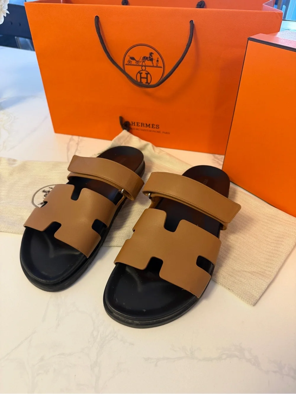 Hermes Men's Tan Leather 'Chypre' Slide Sandals